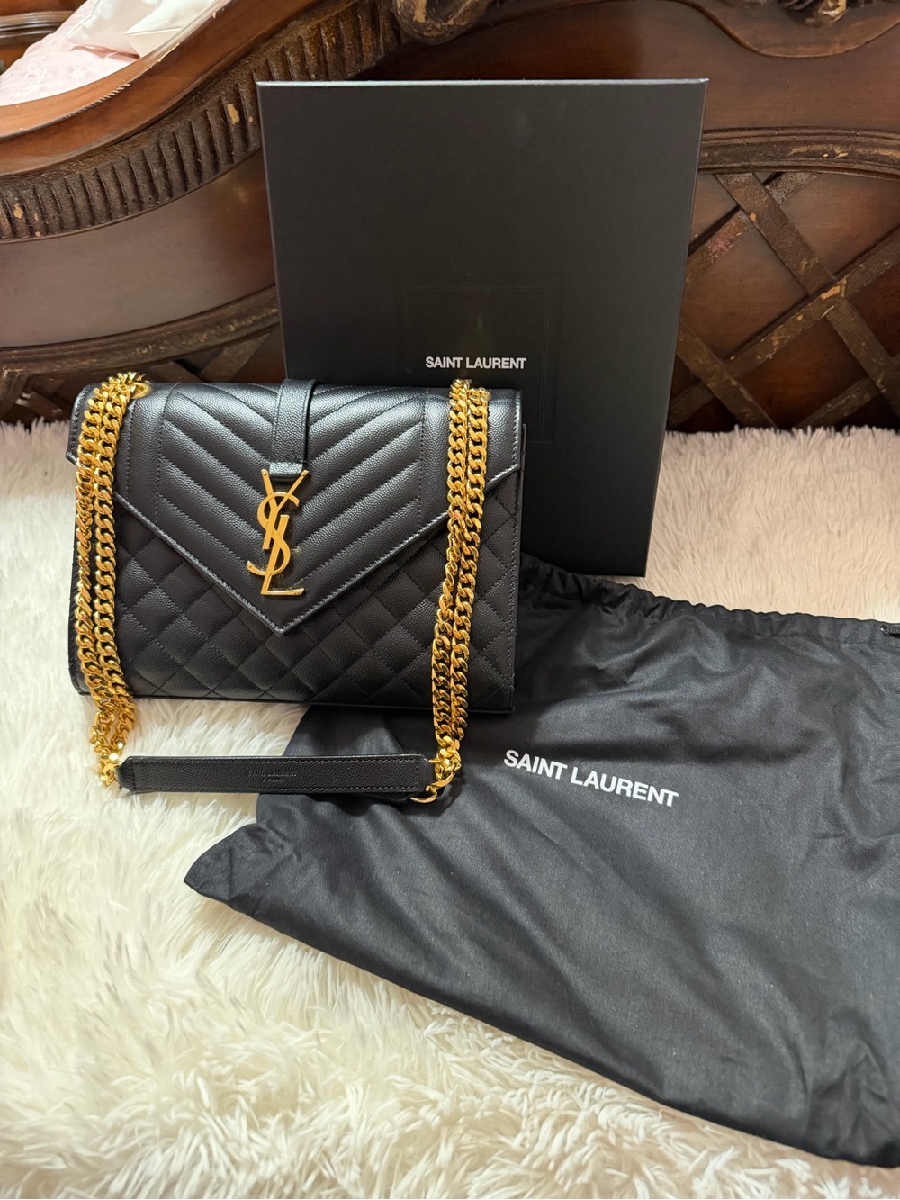 Saint Laurent medium envelope Black Quilted Leather Shoulder Bag with Gold Chain